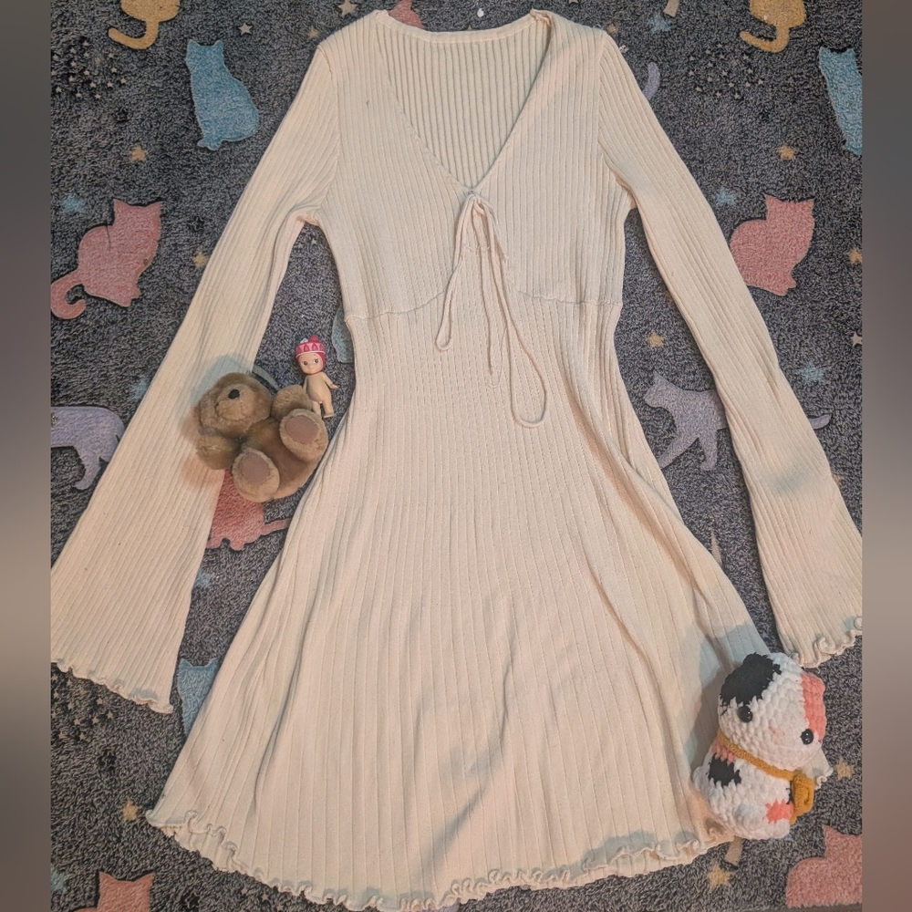 Cream Ribbed Knit Dress
